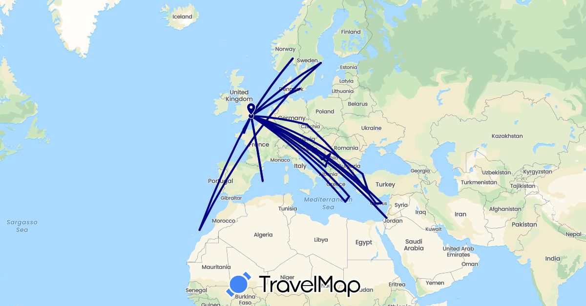 TravelMap itinerary: driving in Bosnia and Herzegovina, Cyprus, Czech Republic, Denmark, Spain, France, United Kingdom, Greece, Croatia, Israel, Jersey, Luxembourg, Montenegro, Norway, Serbia, Sweden, Turkey (Asia, Europe)